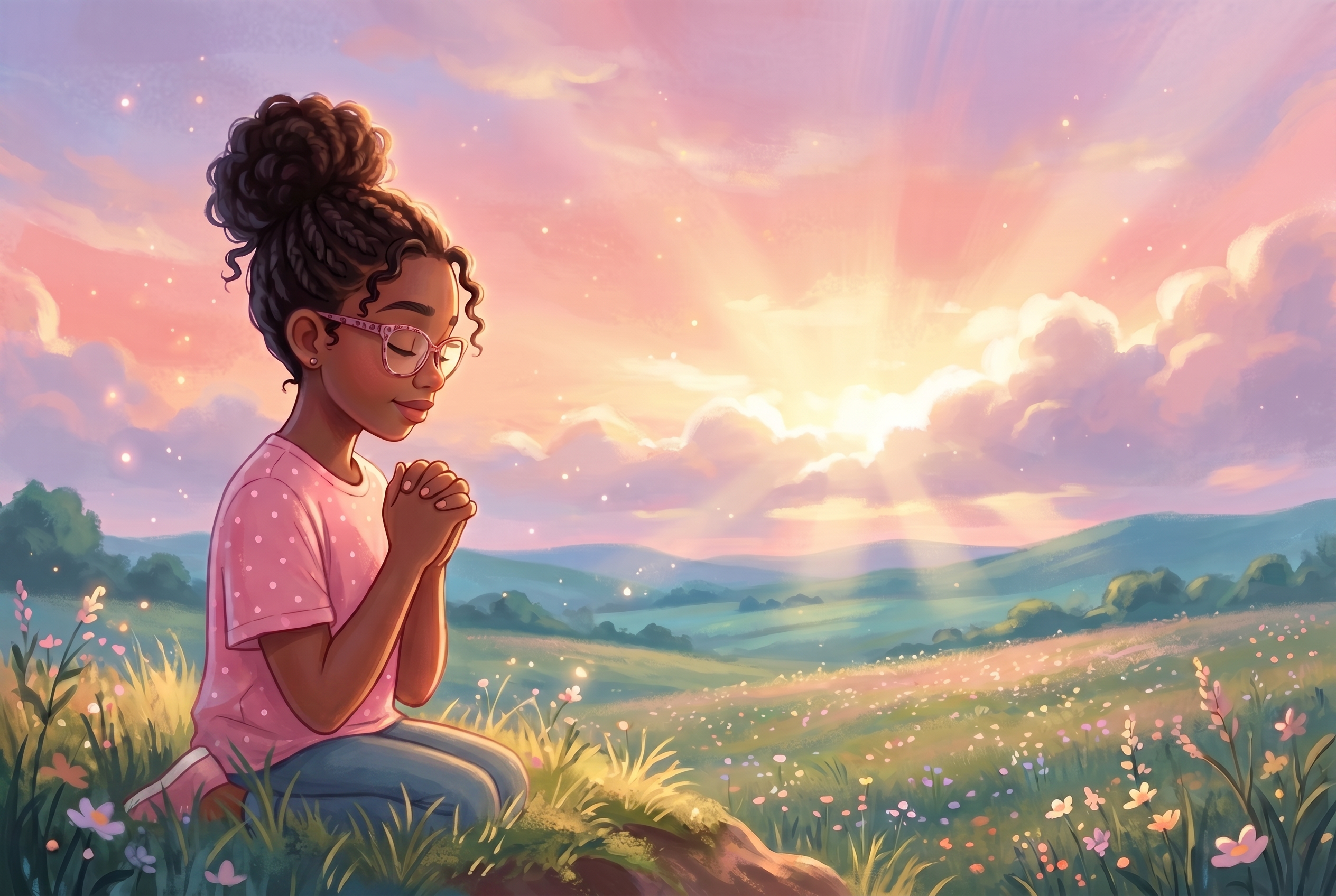 A young girl kneeling in prayer